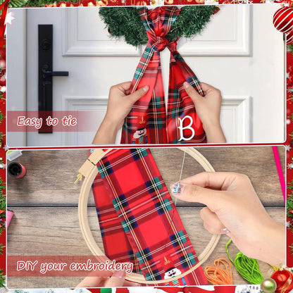 Regine Switzerland Christmas Wreath Sash - Red Plaid Nutcracker Monogram Satin Decor | 2 Pcs