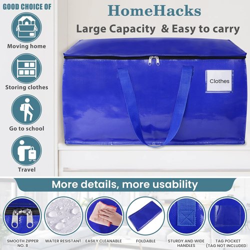 HomeHacks Heavy-Duty Moving Bags - 8-Pack Storage Totes with Strong Zippers & Handles | 93L (Blue)