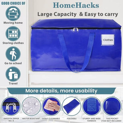 HomeHacks Heavy-Duty Moving Bags - 8-Pack Storage Totes with Strong Zippers & Handles | 93L (Blue)