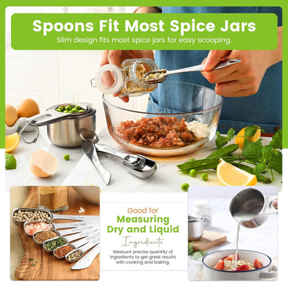 Spring Chef Stainless Steel Measuring Cups & Spoons Set - 14-Piece Nesting Kitchen Tool for Accurate Cooking & Baking
