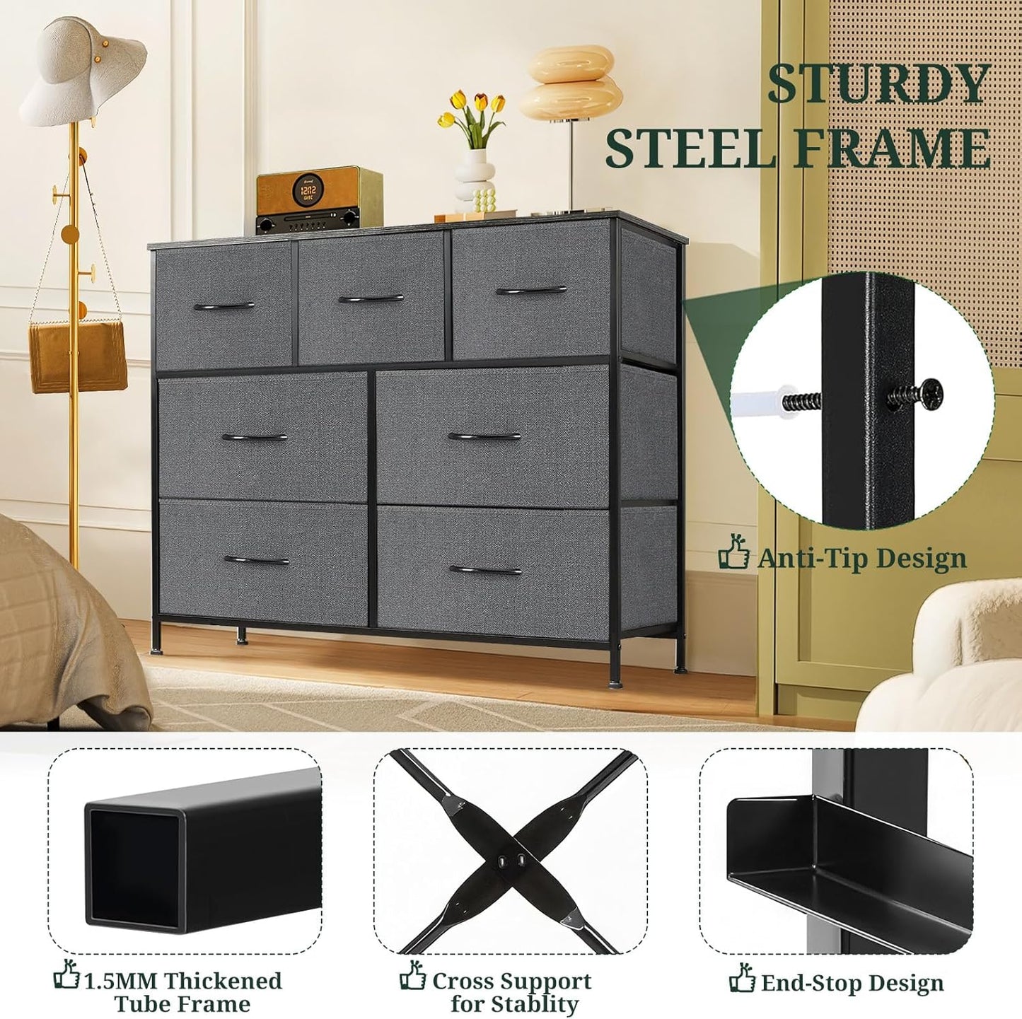 Skiennix 7-Drawer Dresser - Anti-Tip Fabric Storage Organizer with Wooden Top | Gray Finish for Bedroom & Living Room