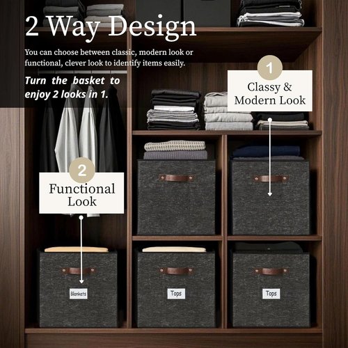 DECOMOMO Storage Baskets - 13x15x13 Cube Bins with Labels for Organized Kallax Shelves | 4-Pack, Black Pattern