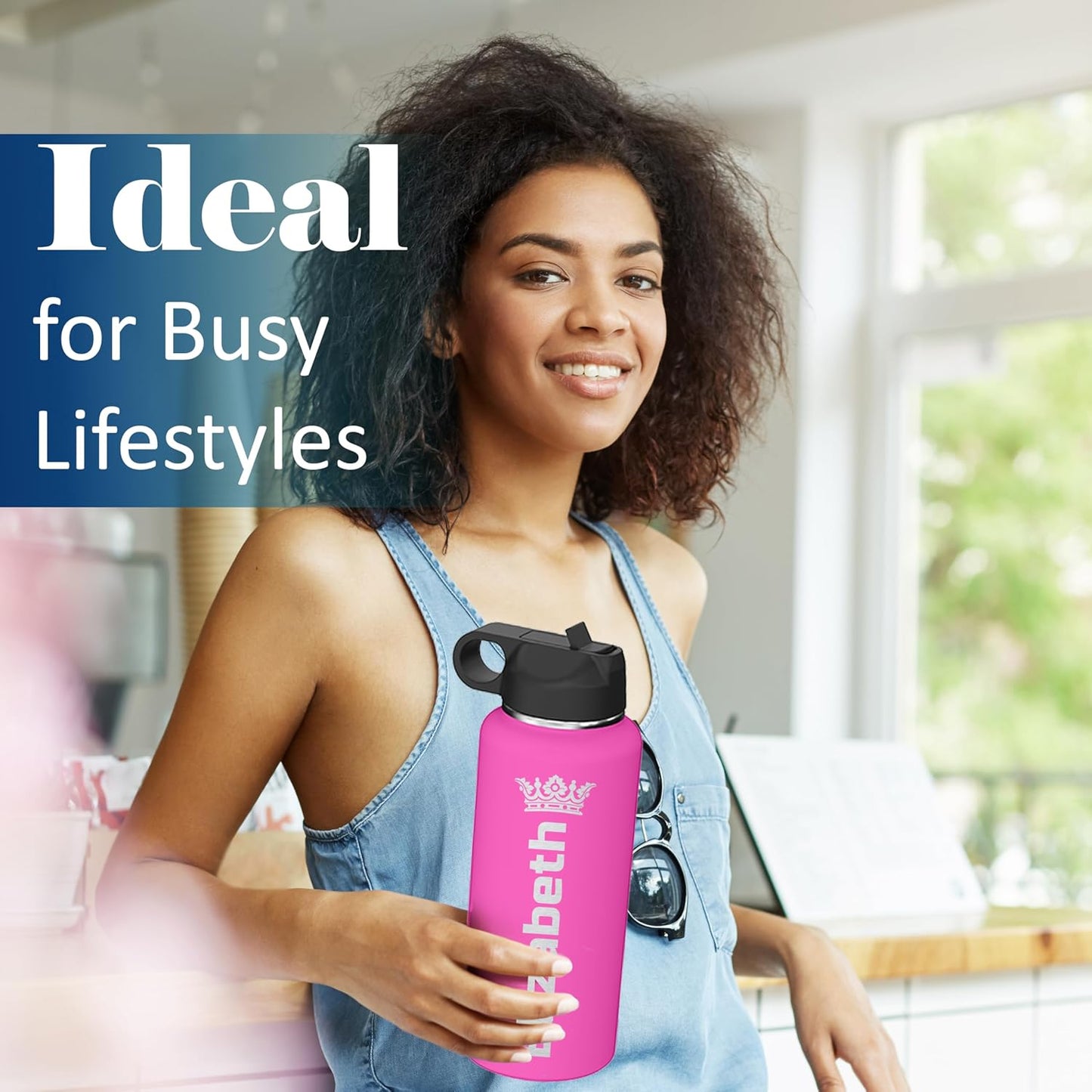 Skiennix Insulated Stainless Steel Water Bottle - Personalized Name & Icon | 32 oz Flip Top Lid & Straw