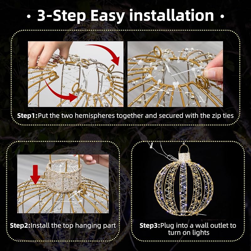Gold 3 Pack Christmas Lighted Balls – 15/20/25in Outdoor Indoor LED Orbs (Variation: Gold/3 PCS)