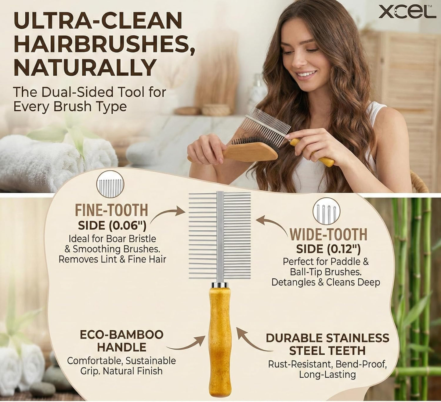 XCEL Hair Brush Cleaner Tool - Dual-Sided Remover Comb for Hair & Dust Buildup | Ideal for Paddle & Boar Bristle Brushes