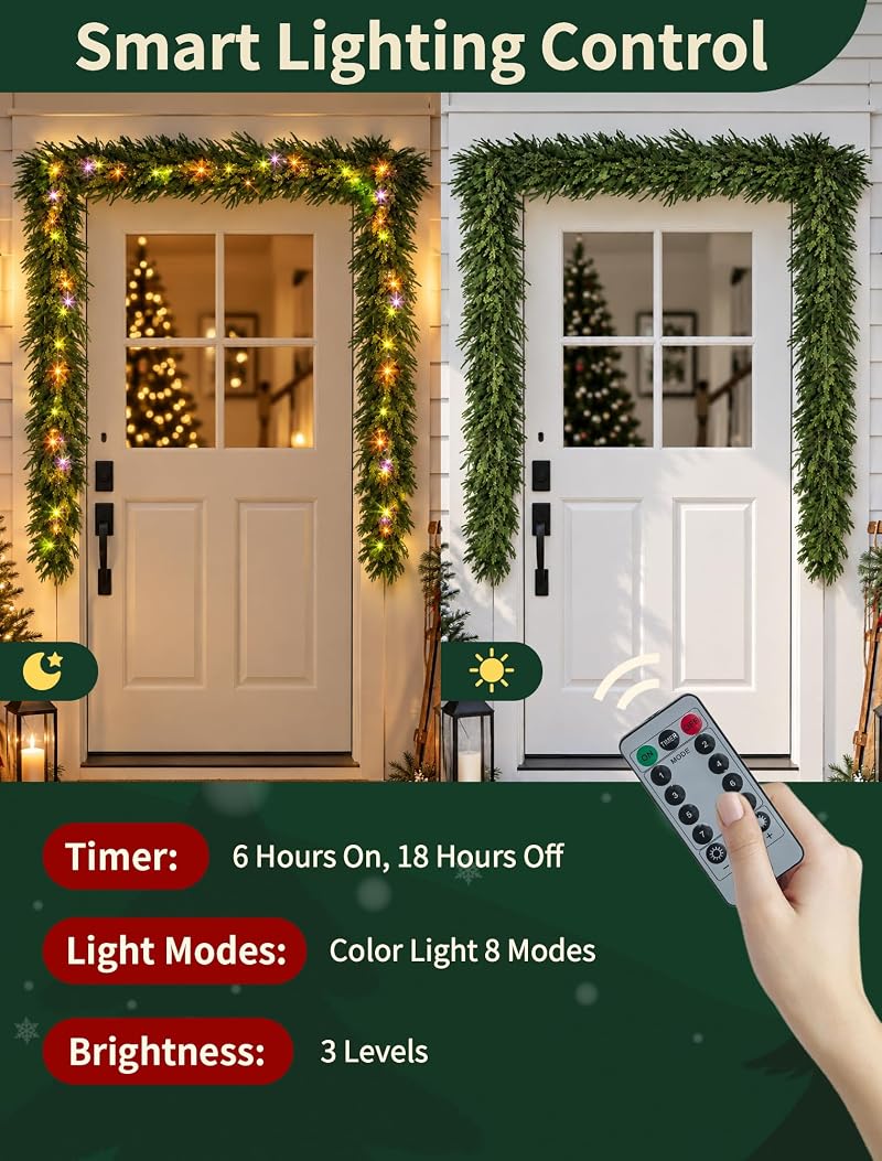9 Ft Norfolk Pine Garland with 80 LED Lights - Prelit Artificial Greenery, Multi-Function Remote
