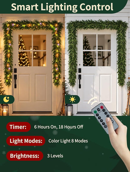 9 Ft Norfolk Pine Garland with 80 LED Lights - Prelit Artificial Greenery, Multi-Function Remote