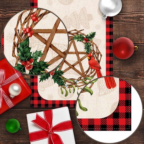 Blessed Yule Table Runner - Buffalo Plaid Check Design for Winter Solstice | 13" x 72" Home Decor