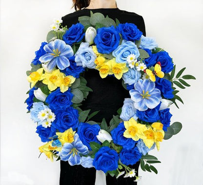 Grave Decoration Cemetery Wreath - 30 Inch Headstone Floral Arrangement with Blue Roses, Tulips & Daffodils