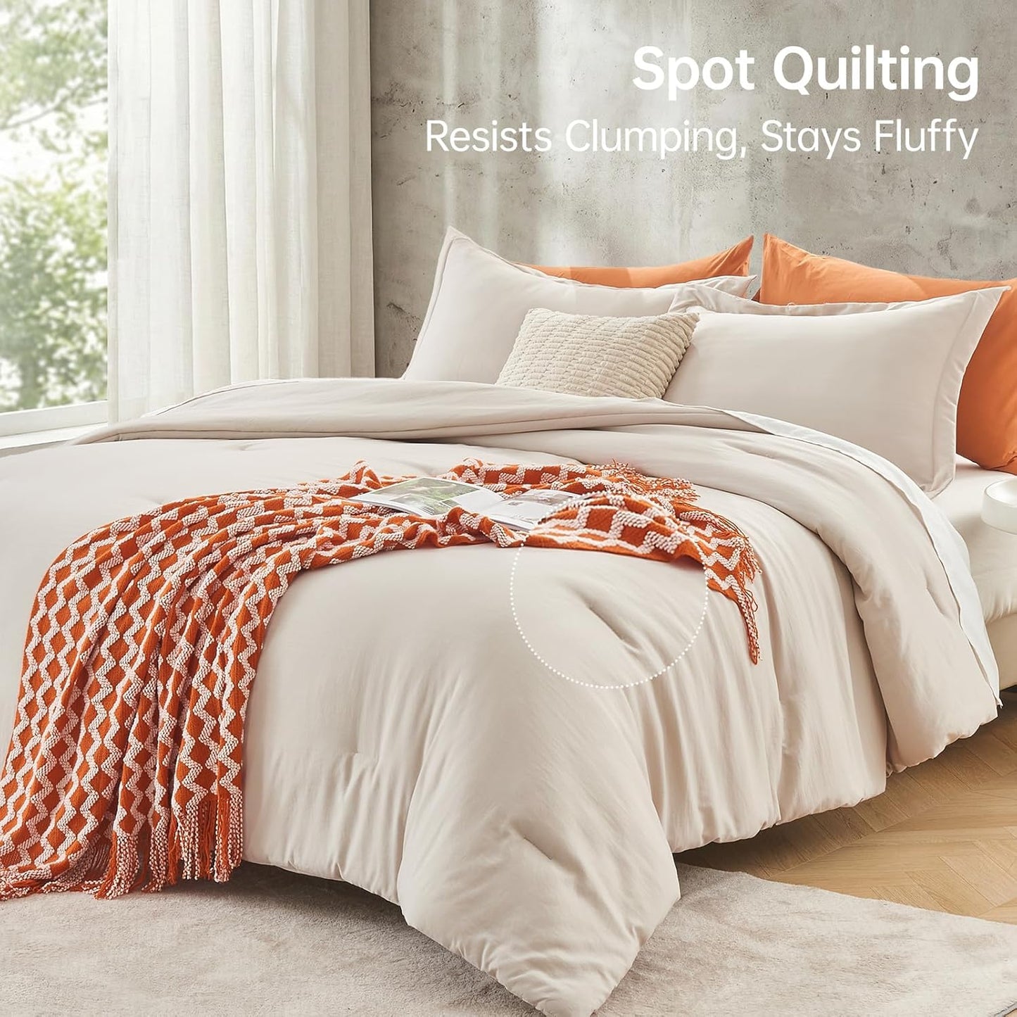 MUXHOMO Queen Size Comforter Set - Beige 3-Piece Solid Bedding for All Seasons | Lightweight Down Alternative (90"x90")