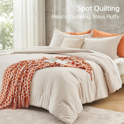 MUXHOMO Queen Size Comforter Set - Beige 3-Piece Solid Bedding for All Seasons | Lightweight Down Alternative (90"x90")