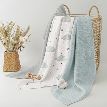 Bearmoss Muslin Swaddle Blankets, 40 x 38 inches Baby Swaddle for Boys and Girls, Soft Baby Blanket, 3 Pack Breathable Nursery Receiving Blankets (Cloud)