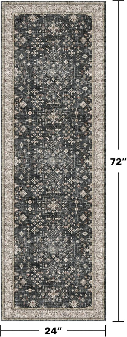 Skiennix Black Boho Runner Rug - Washable, Non-Slip, Stain Resistant | 2x6 ft for Hallway, Kitchen, Bedroom