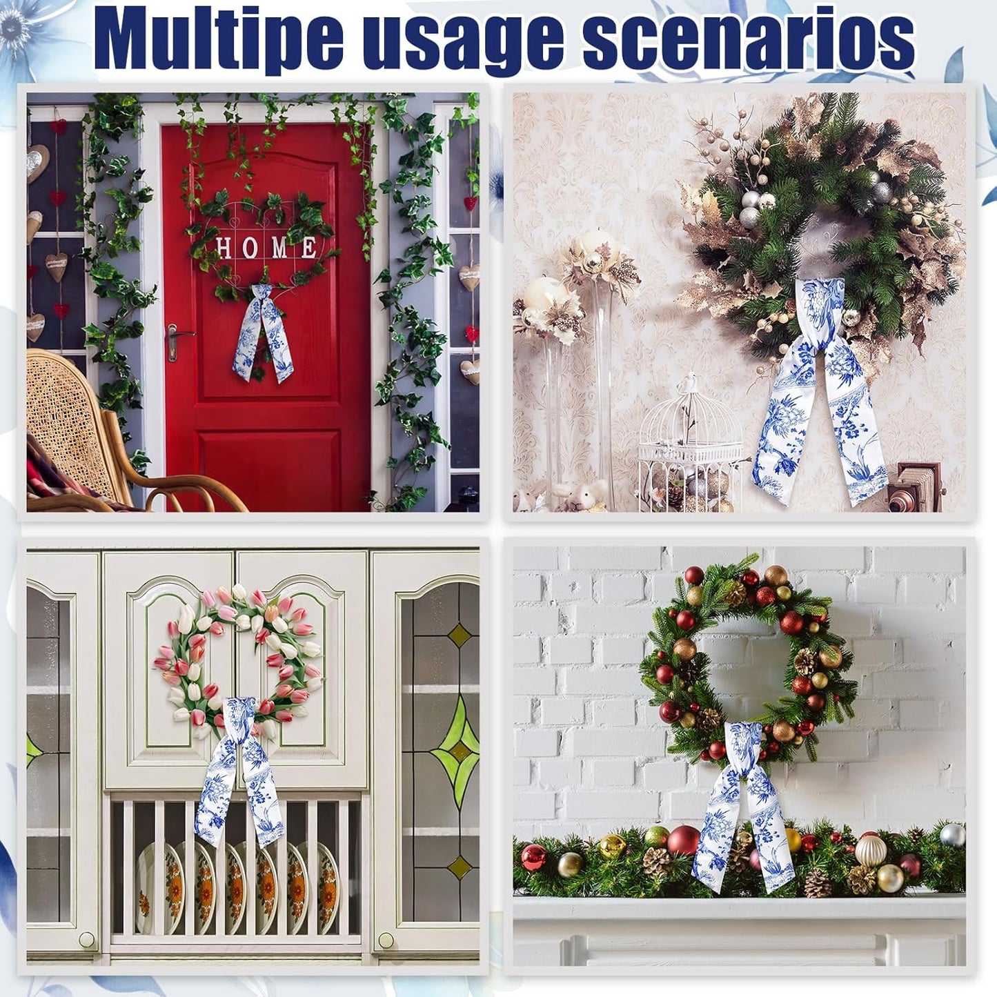 XunYee Wreath Sash Set - 6 Pcs Embroidery Monogram Decor for Indoor/Outdoor Use | Chinoiserie Design