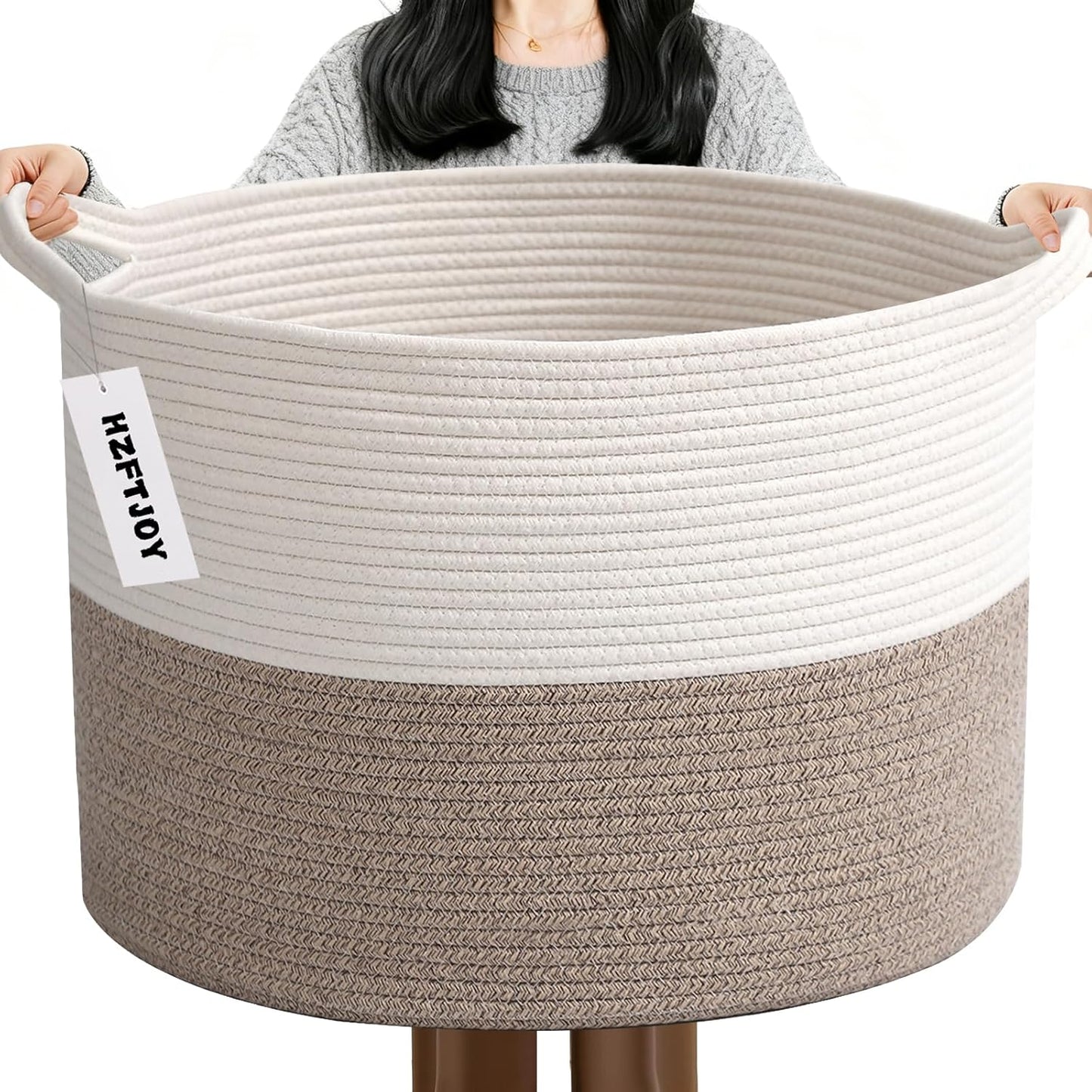 Skiennix 65L Large Woven Cotton Rope Basket - Stylish Laundry Hamper for Bedroom & Living Room | White & Brown
