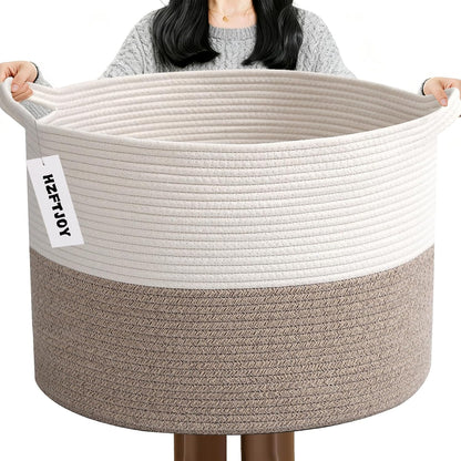 Skiennix 65L Large Woven Cotton Rope Basket - Stylish Laundry Hamper for Bedroom & Living Room | White & Brown