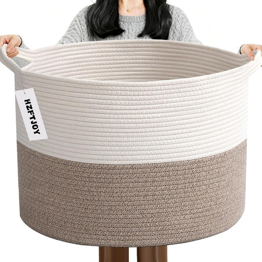 Skiennix 65L Large Woven Cotton Rope Basket - Stylish Laundry Hamper for Bedroom & Living Room | White & Brown