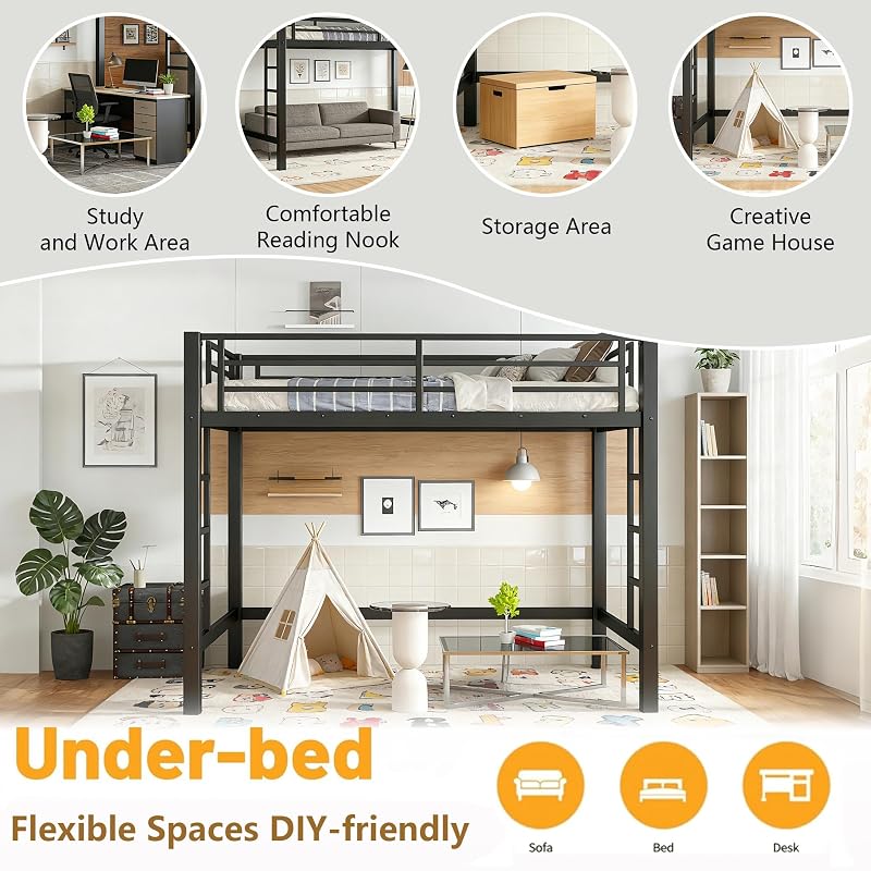 Bellemave Full-Size Loft Bed Frame with Dual Ladders, Iron Construction, No Box Spring Needed - Black (Variation: Black+Full)