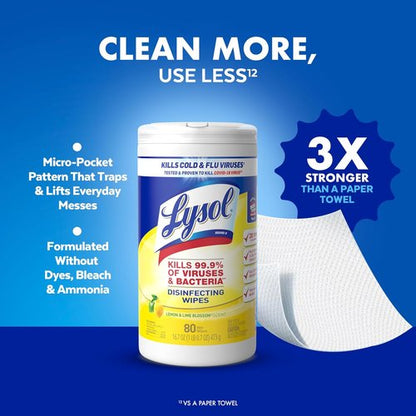 Lysol Disinfectant Wipes Bundle - Multi-Surface Cleaning Wipes in Lemon & Lime Blossom, Crisp Linen, Mango & Hibiscus | 3 Packs of 80 ct