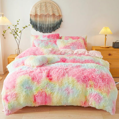 Besfunny Rainbow Faux Fur Twin Comforter Cover Set - 2-Piece Plush Bedding (66x90) Rainbow Twin Variation