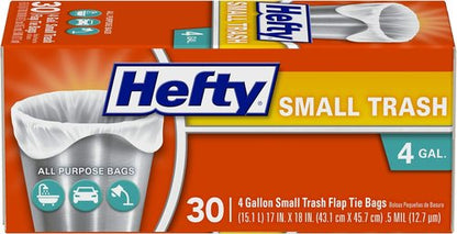 Hefty 4-Gallon Small Trash Bags - Flap Tie Design for Easy Closure | 30 Count Pack of 12