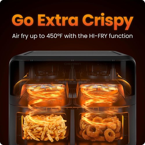 CHEFMAN 6 Quart Dual Basket Air Fryer - Easy View Windows, Sync Finish, Auto Shutoff | Black