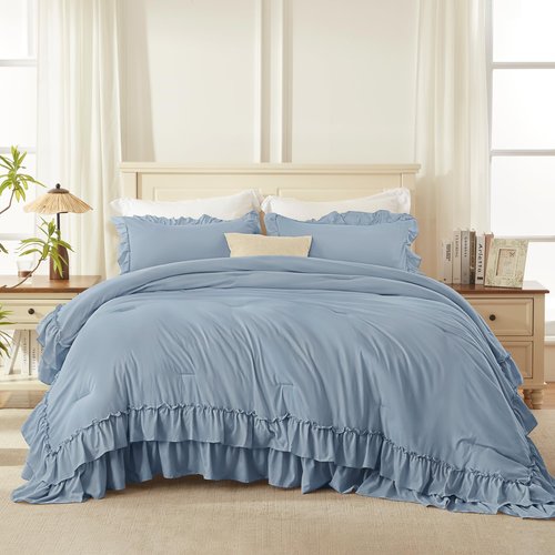 Andency Grayish Blue Full Size Comforter Set, 3 Pieces Lightweight Fluffy Shabby Chic Ruffle Bedding Comforter Sets, All Season Soft Microfiber Bed Set for Kids, Boys, Men(79x90Inch)