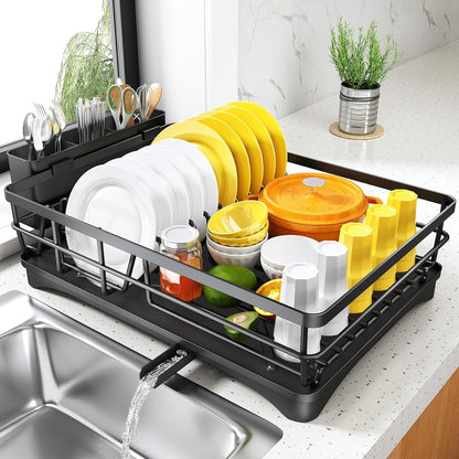 SNTD Dish Drying Rack - Large Rustproof Kitchen Dish Drainer with Drainboard & Utensil Holder | Black