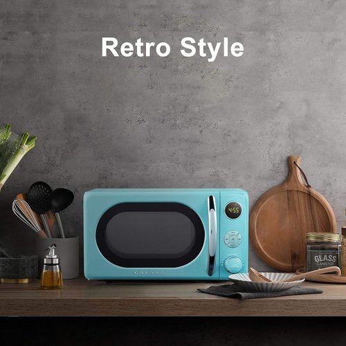Galanz Retro Microwave Oven - 0.7 Cu Ft, LED Lighting, Pull Handle Design, Child Lock | Bebop Blue