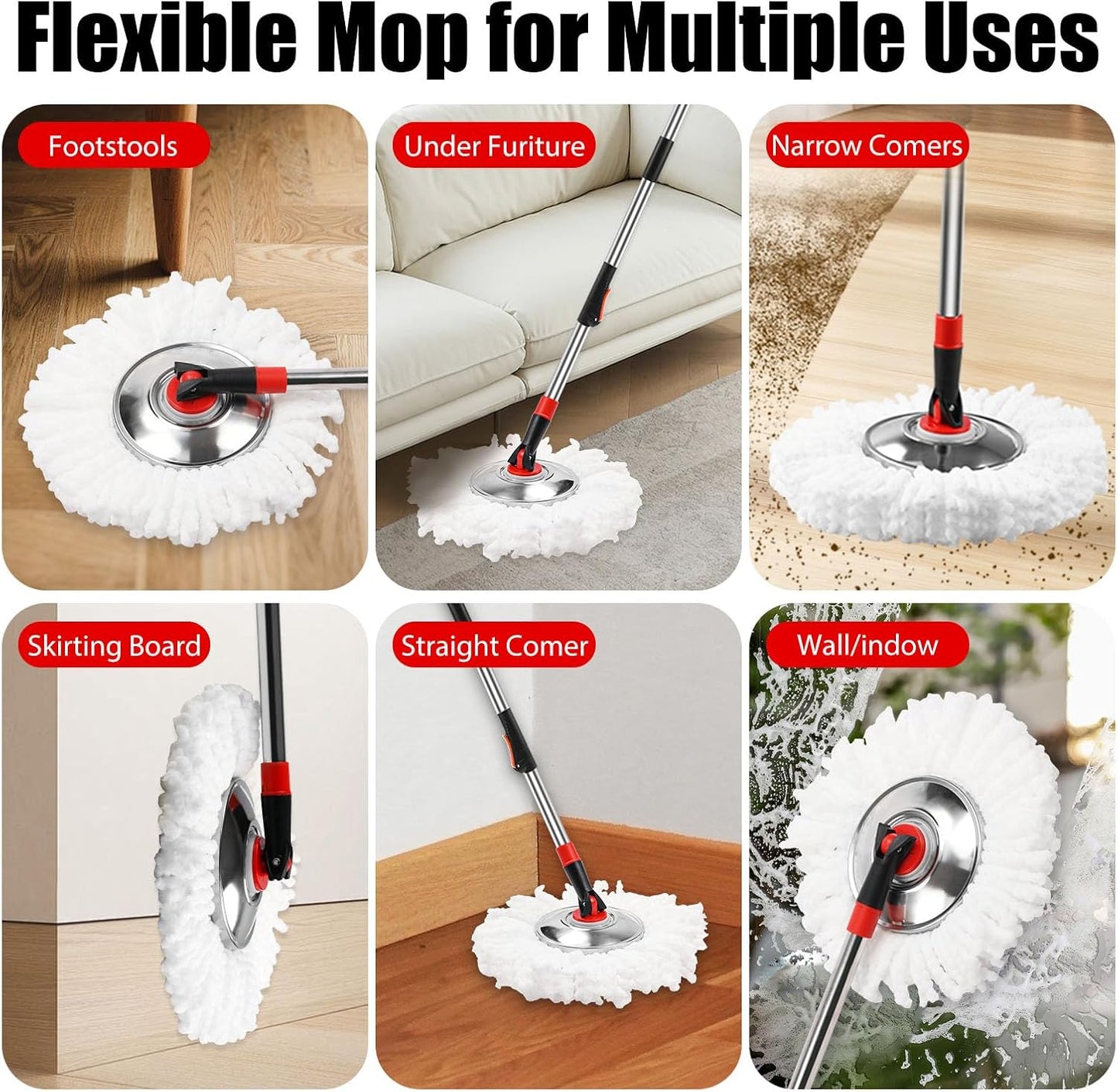 Skiennix Spin Mop and Bucket Set - 360° Cleaning System with 3 Microfiber Refills & 50" Handle | Black