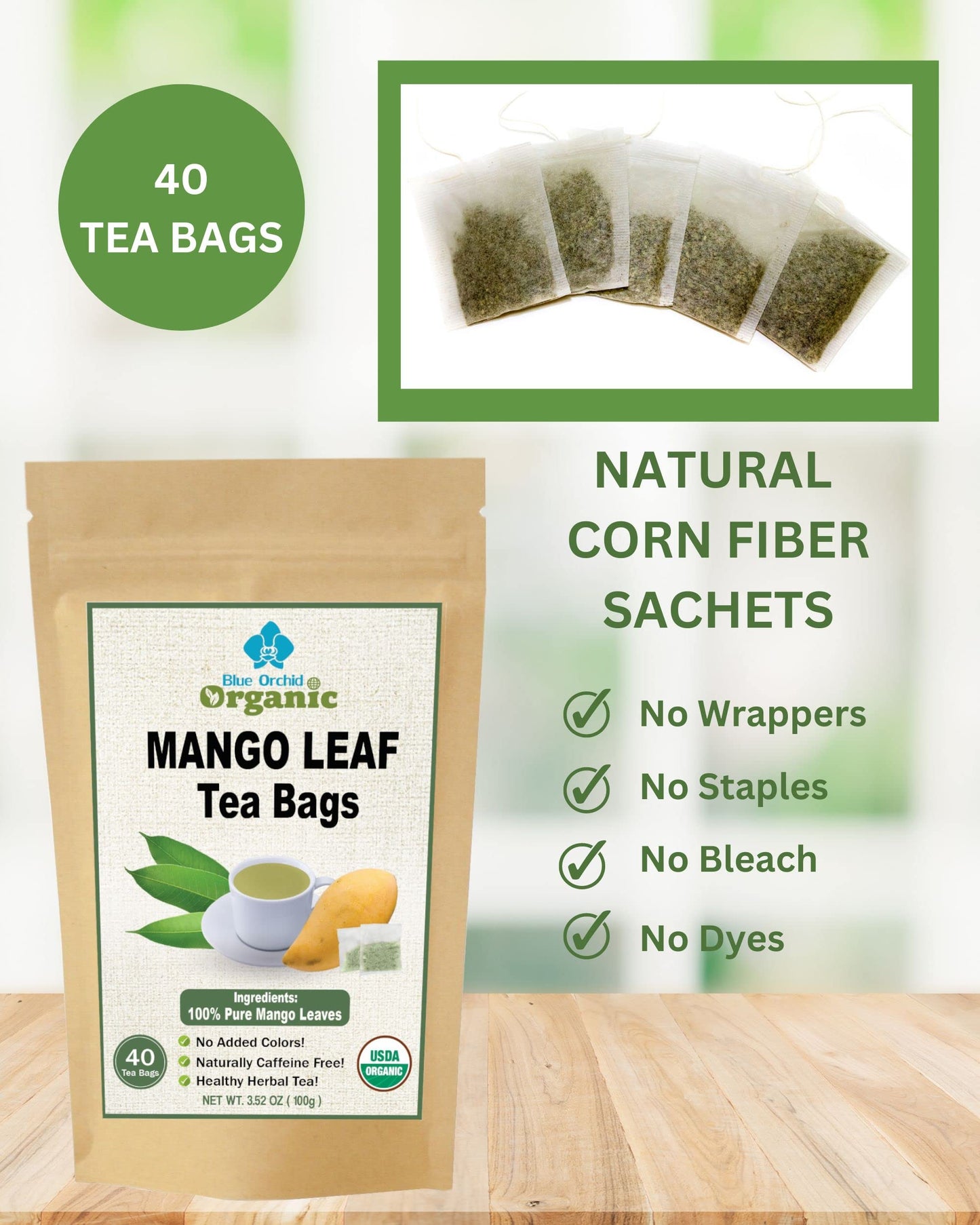 Organic Mango Leaf Tea Bags 40 Count - Sun Dried Herbal Wellness Caffeine Free Tea - Natural Corn Fiber Sachets