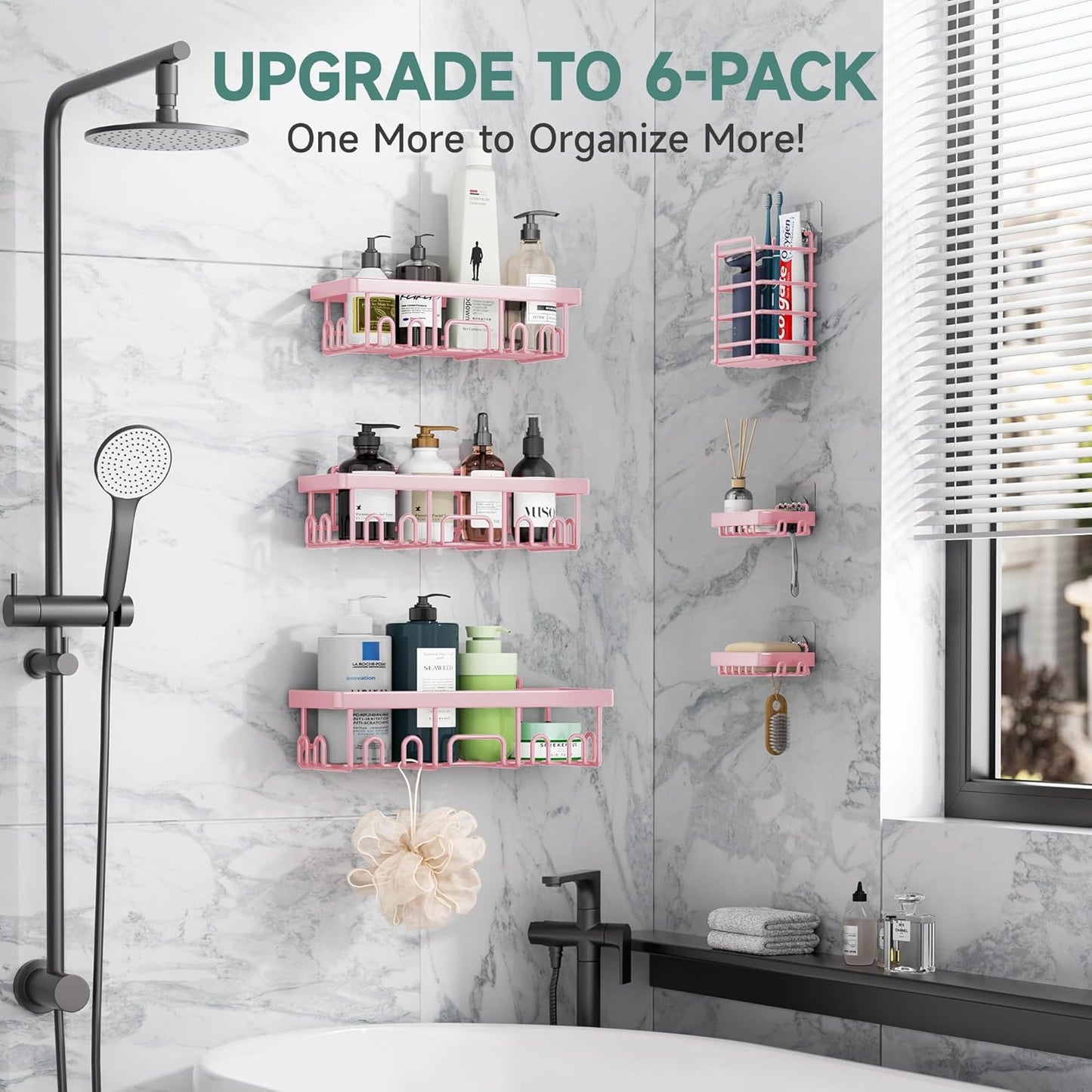 Veken Shower Caddy - Large Capacity 6-Pack, Rustproof & No Drilling | Adhesive Bathroom Organizers - Pink