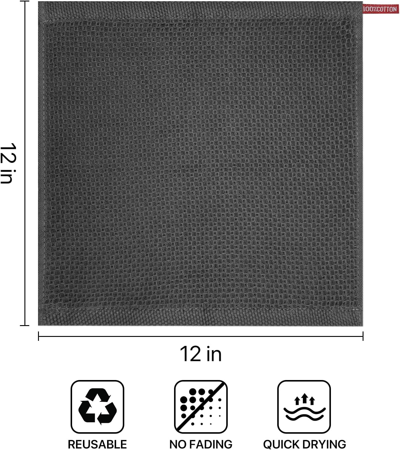 Skiennix 100% Cotton Waffle Weave Kitchen Towels - Ultra Soft & Absorbent 8 Pack | Quick Drying, Dark Grey, 12x12 Inches