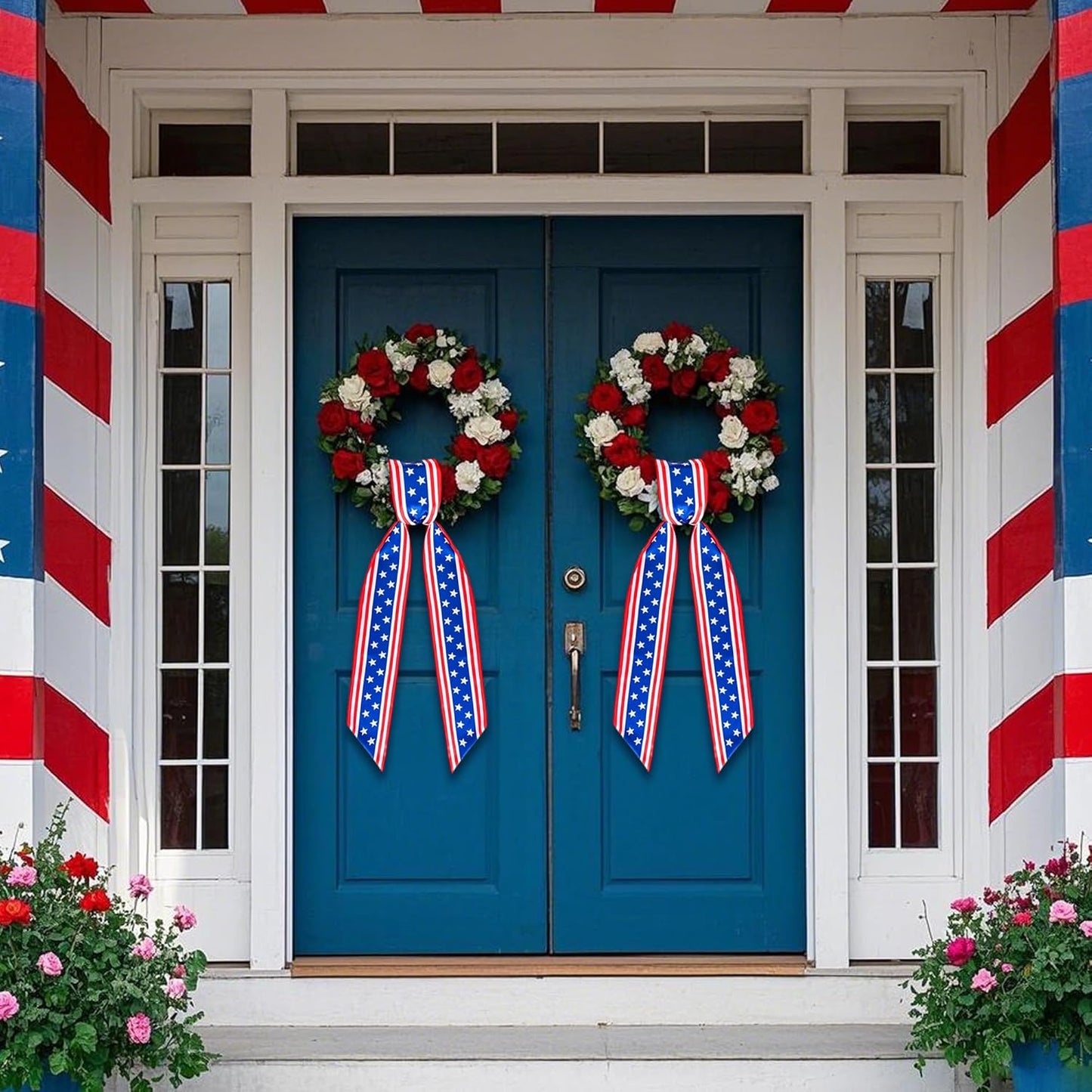RunNico Patriotic Wreath Sash - 2 Pack Red, White & Blue Satin Decor for 4th of July | 53" L x 3.4" W