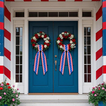 RunNico Patriotic Wreath Sash - 2 Pack Red, White & Blue Satin Decor for 4th of July | 53" L x 3.4" W