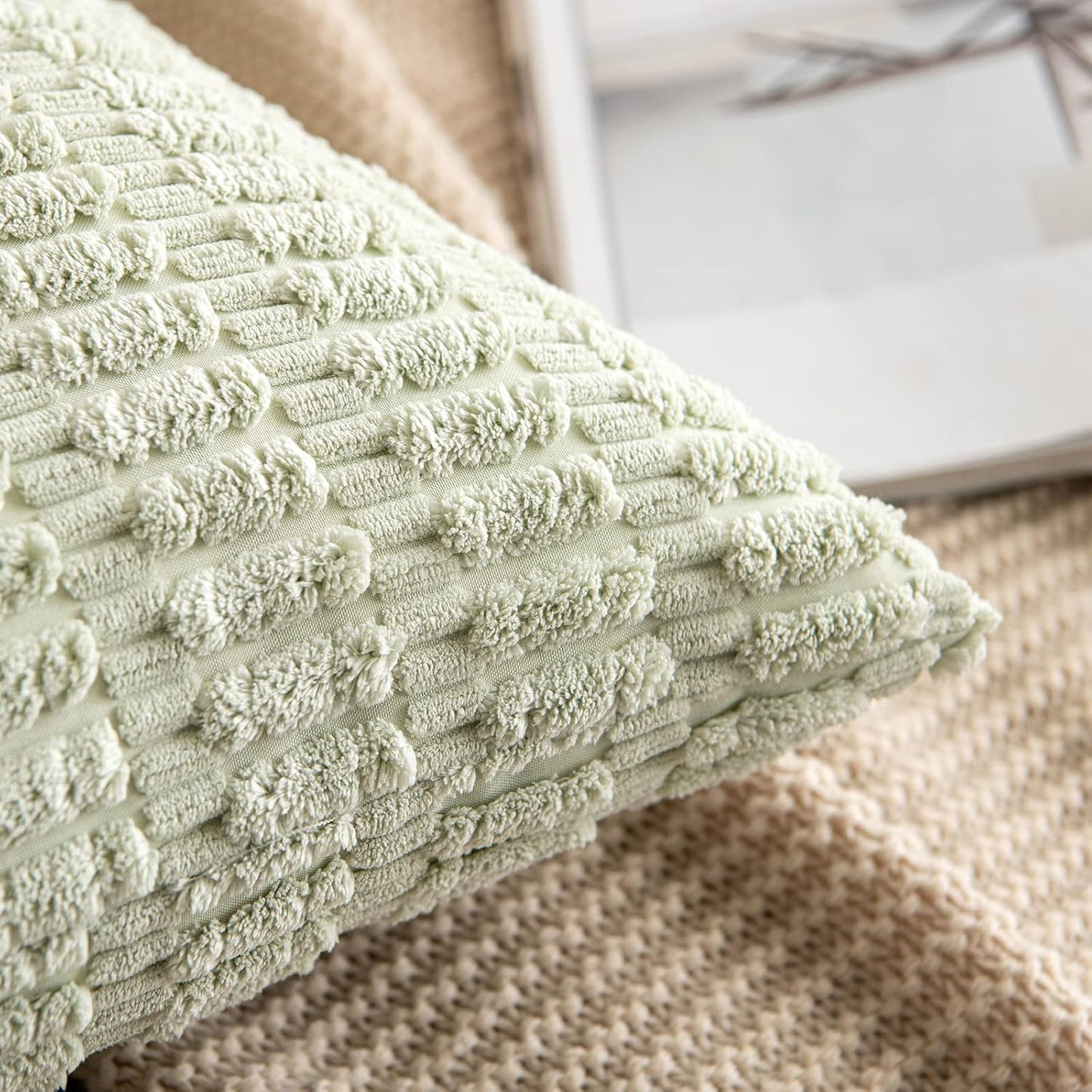 MIULEE Decorative Throw Pillow Covers - Soft Boho Striped Corduroy | Pack of 2, 20x20 Inch, Light Green