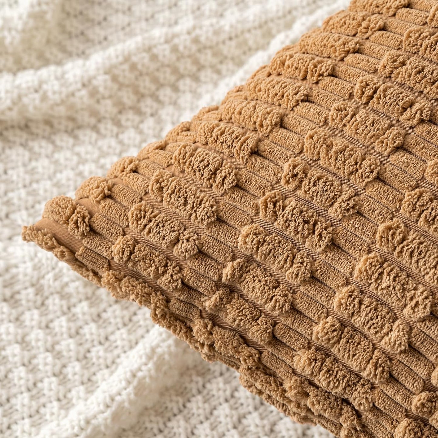 MIULEE Corduroy Throw Pillow Covers - Soft Boho Striped Design | 18x18 Inch, Brown, Perfect for Home Decor