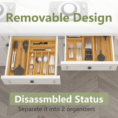 Suli Silverware Drawer Organizer - Adjustable Bamboo Utensil Holder for Forks, Knives & Spoons | Expandable 22in-37in