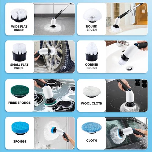 Electric Spin Scrubber, Cordless Cleaning Brush Power Shower Scrubber Long Handle Extendable Handheld Electric Scrubber for Bathroom Floor Tub Tile with 8 Replaceable Brush Heads & Hook