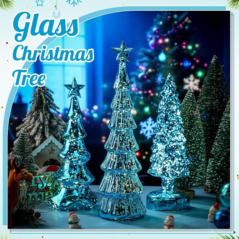Blue Classic 3-Pack Glass Christmas Trees with LED Lights