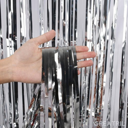 GREATRIL Metallic Party Backdrop - Silver Foil Fringe Tinsel Curtain for NYE & Events, 8.2ft x 3.2ft | Pack of 2