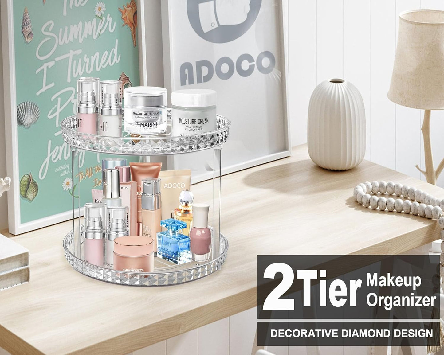 Skiennix 2-Tier Diamond Lazy Susan Bathroom Organizer - Clear 360° Rotating Makeup & Skincare Storage | 9.25 Inch