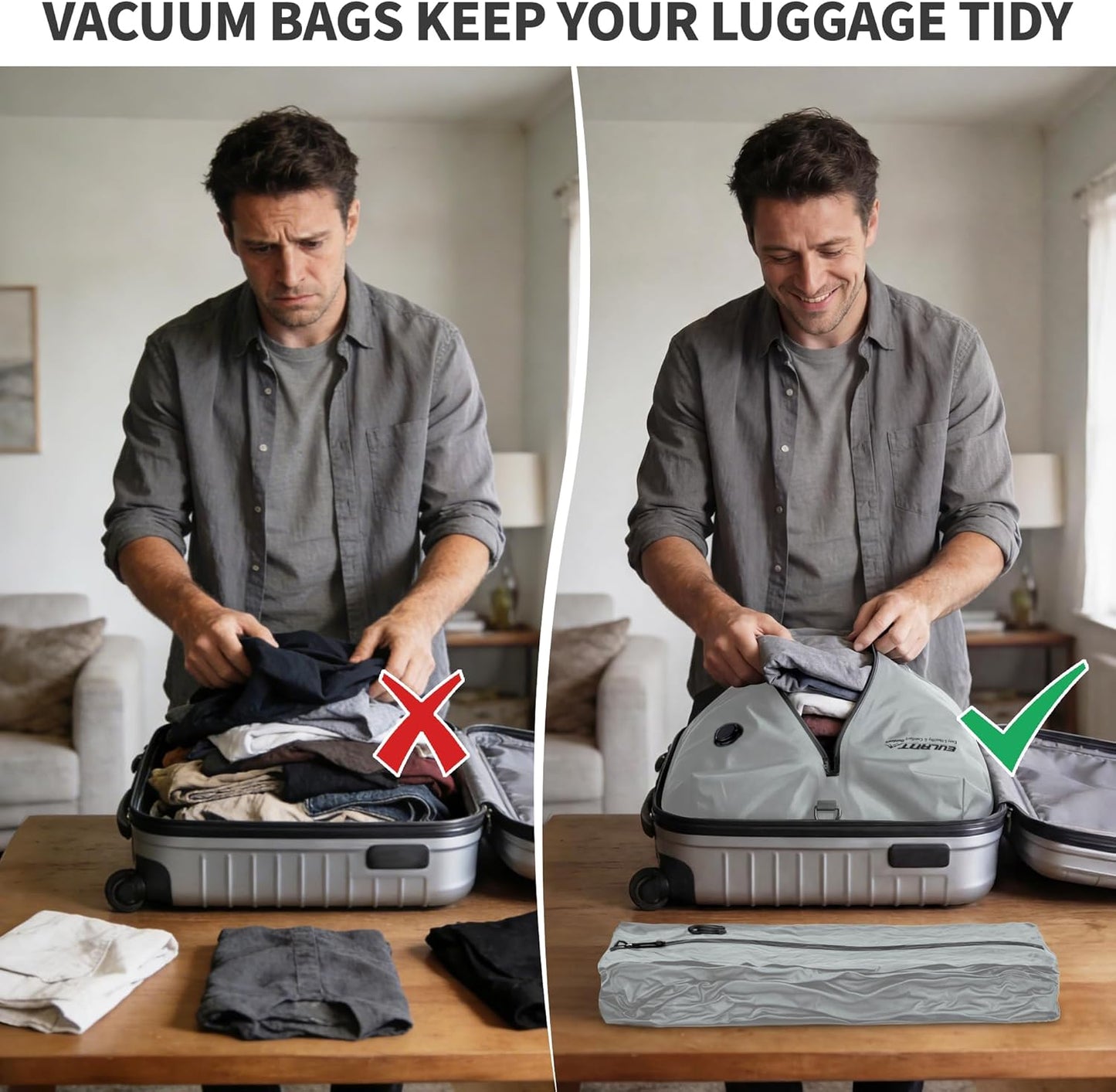 Skiennix Reusable Vacuum Bags - Waterproof Compression Bags for Travel | 2 Pack Gray