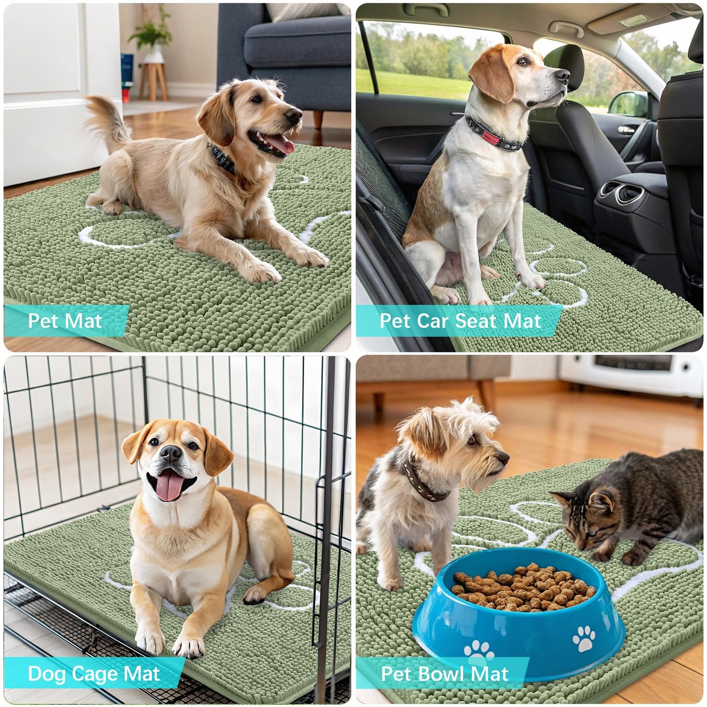 OLANLY Dog Door Mat for Muddy Paws 59x24, Paw Print Design, Absorbs Moisture and Dirt, Non-Slip Washable Doormat, Quick Dry Chenille Mud Mat for Dogs, Entry Indoor Entryway Carpet, Sage Green