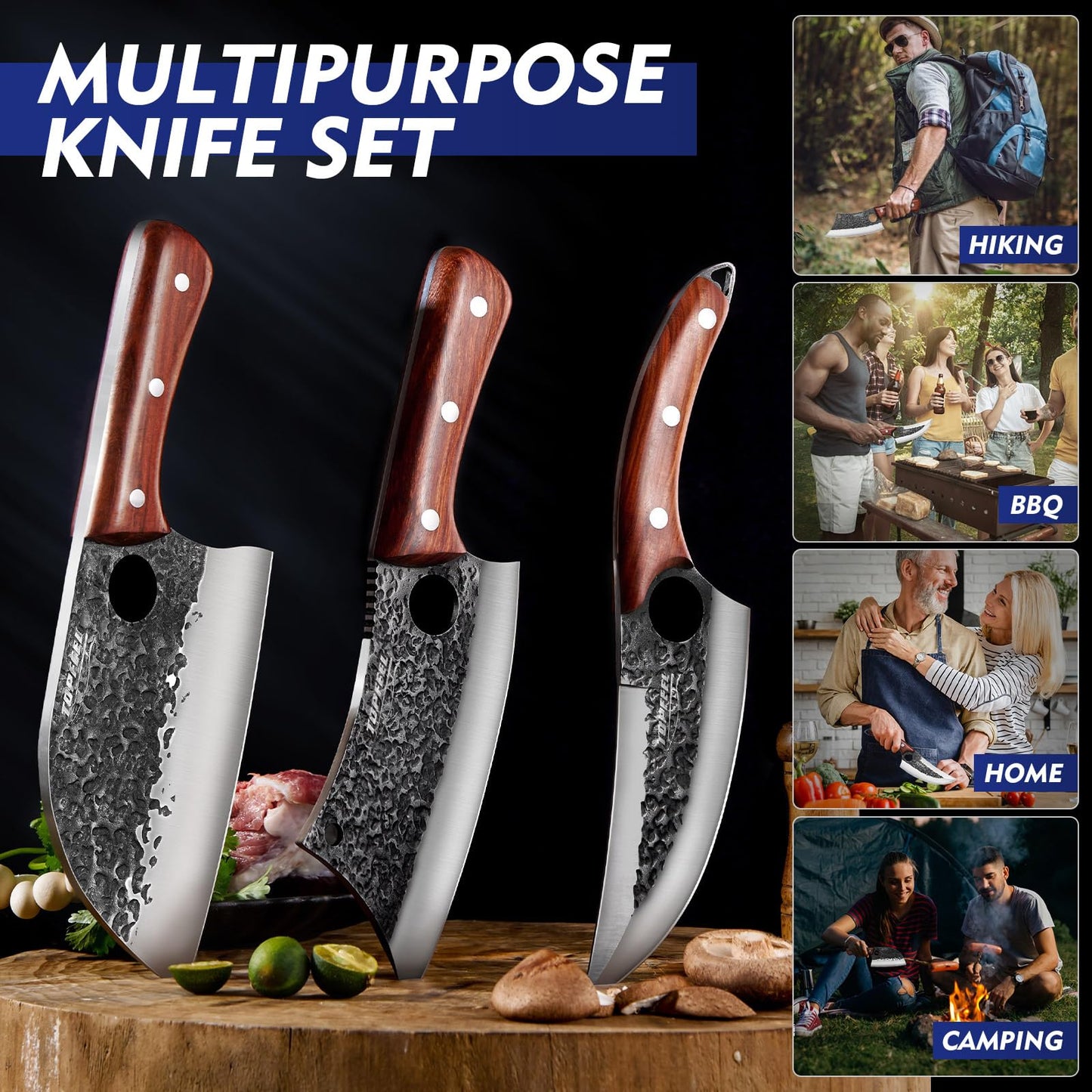 Topfeel 3PCS Butcher Knife Set, Hand Forged Serbian Chef Knives & Meat Cleaver & Viking Knives, Meat Cutting Kitchen Knife Set for Home, Outdoor Cooking, Camping BBQ Gift Idea Men
