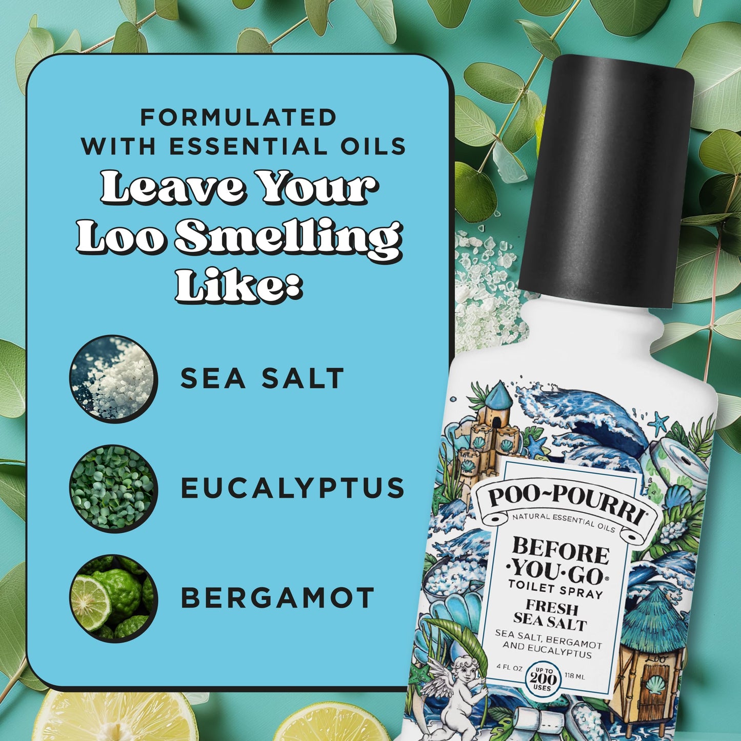 Poo-Pourri Before-You-Go Toilet Spray, Fresh Sea Salt, 4 Fl Oz, Up to 200 Uses, Bathroom Odor Deodorizer, Plant-Based with Essential Oils, for Home or Work, Sea Salt, Bergamot & Eucalyptus Scent