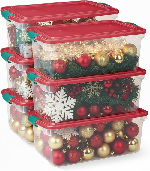 HOMZ 6-Pack Holiday Tote | Clear/Red Plastic Storage Bins with Lids - 64 Quart Stackable Organizers for Home & Office