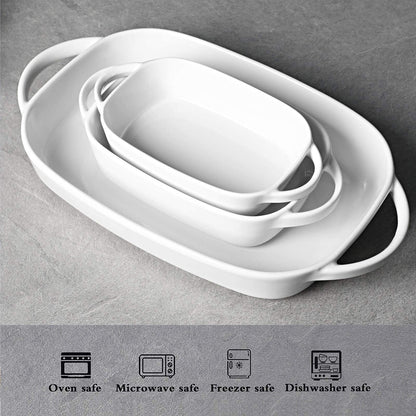 Ceramic 2.6/1.1/0.6 Quart Baking Dish Set of 3, 9.3" x 13", 6.1"x8.7", 5.1"x 7.5" (White, 3 Piece Assortment)