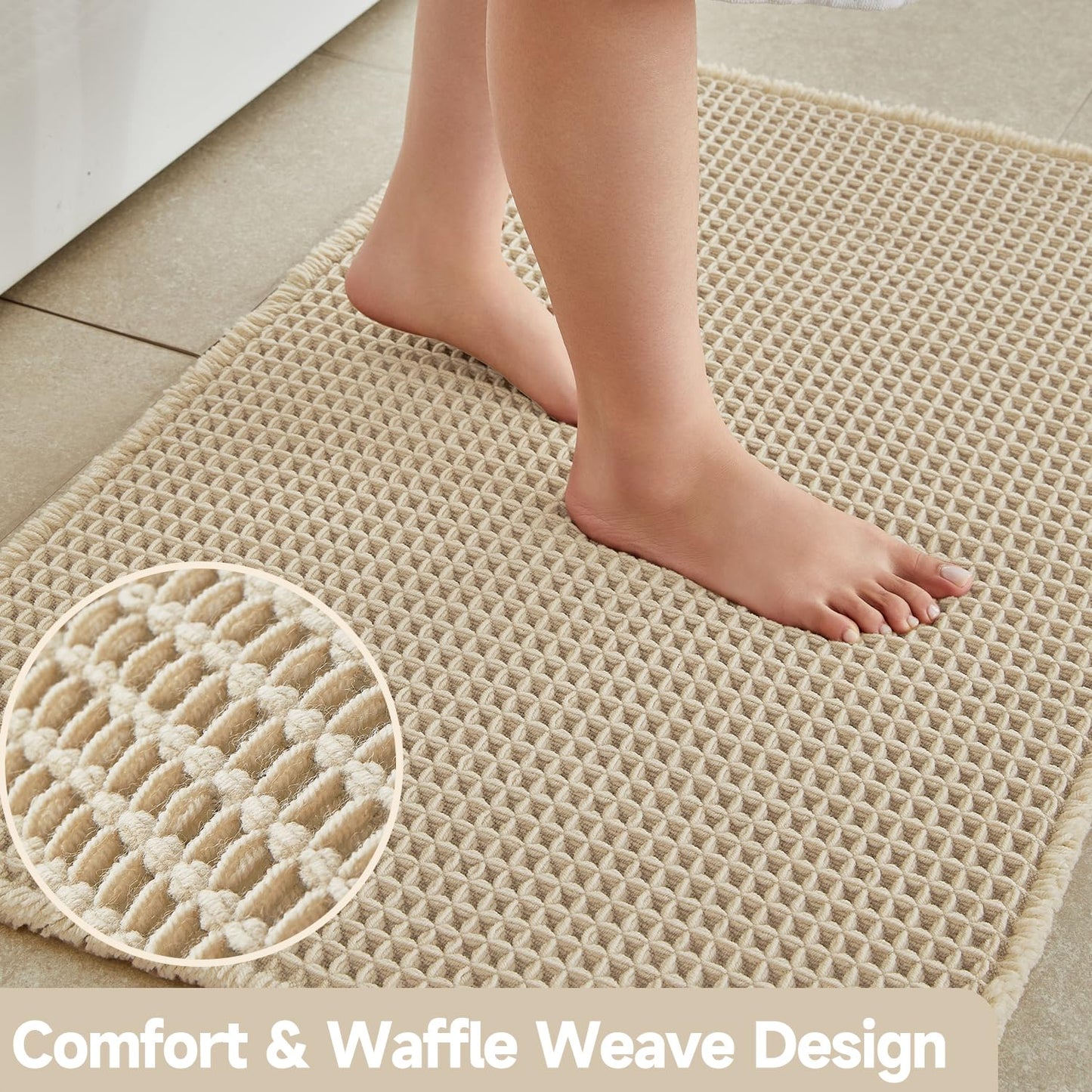 TYUU Pale Beige Long Bathroom Rug, Waffle Runner Rug Bathroom Non Slip Washable Super Absorbent Quick Dry Boho Farmhouse Bath Mat, 72''x24'' Pale Beige