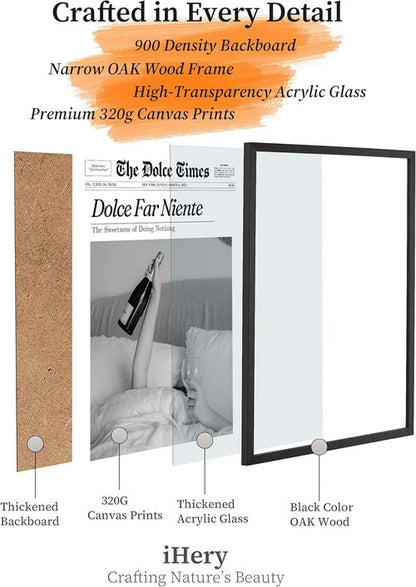 iHery Premium Black Oak Wood Framed Wall Art - Retro "Dolce Far Niente" Canvas Decor | 8x10in for Dorm & Living Room
